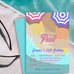 Tropical Beach Summer Pool Party Sweet 16 Birthday Invitation