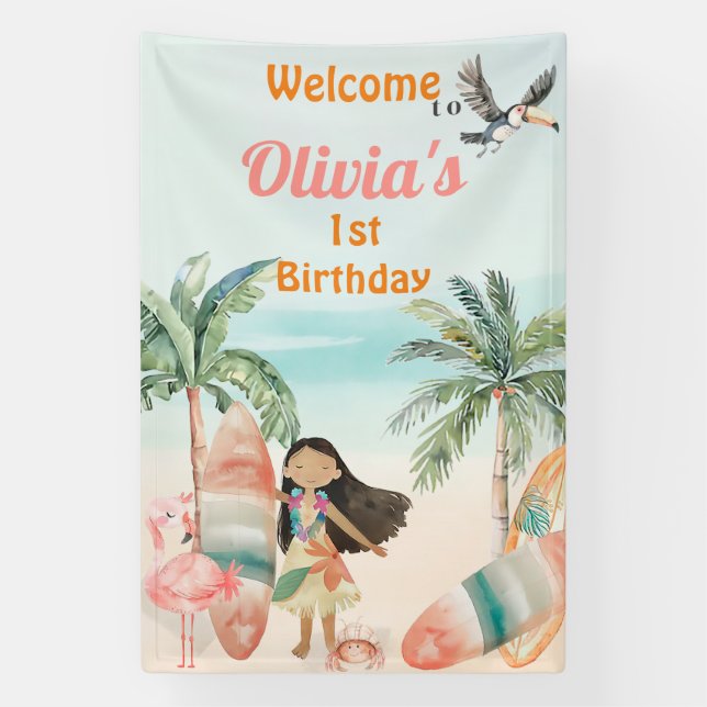 Tropical Beach Summer Surf Sea 1st Birthday Girl Banner (Vertical)