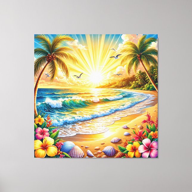 Tropical Beach Sunrise with Palm Trees, Waves Canvas Print (Front)