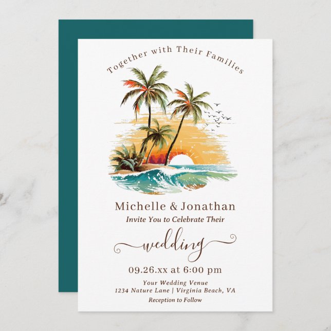 Tropical Beach Sunset Destination Wedding Invitation (Front/Back)