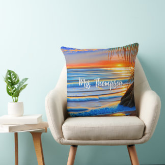 Tropical Beach Sunset in Bermuda Cushion