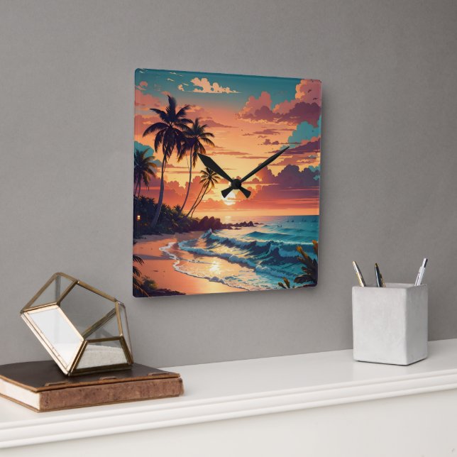 Tropical Beach Sunset Large Square Wall Clock (Office)
