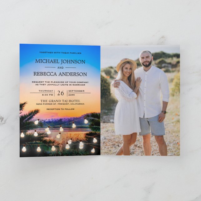 Tropical Beach Sunset Lights Photo QR Code Wedding Invitation (Inside)