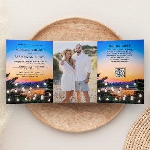 Tropical Beach Sunset Lights Photo QR Code Wedding Tri-Fold Invitation