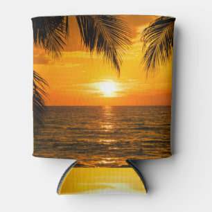 Tropical Beach Sunset Palm Illustration Can Cooler