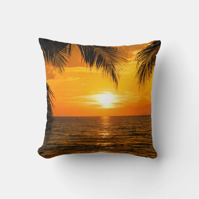 Tropical Beach Sunset Palm Illustration Cushion (Front)