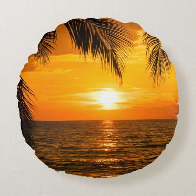 Tropical Beach Sunset Palm Illustration Round Cushion (Front)