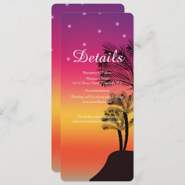 Tropical Beach Sunset Palm Tree DETAILS Wedding Invitation (Front/Back)