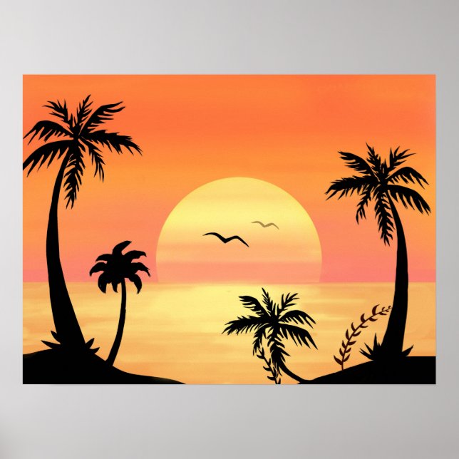 Tropical Beach Sunset Palm Tree Silhouette Art Poster (Front)