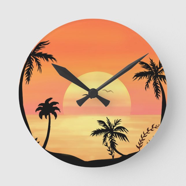 Tropical Beach Sunset Palm Tree Silhouette Art Round Clock (Front)