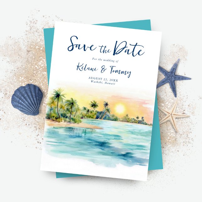 Tropical Beach Sunset & Palm Tree Wedding Save The Date (Creator Uploaded)