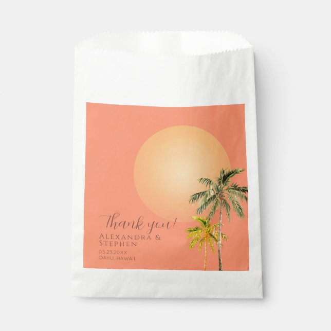 Tropical Beach Sunset & Palm Trees Minimal Wedding Favour Bags (Front)