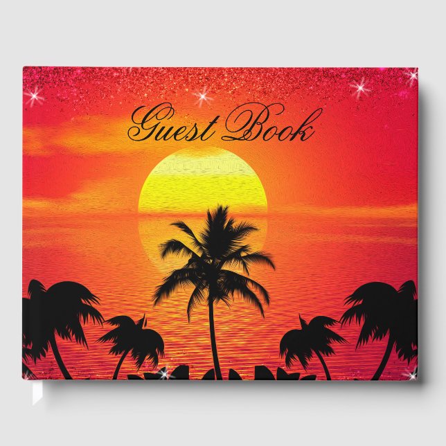 Tropical Beach Sunset Palm Trees Ocean Guest Book (Front)