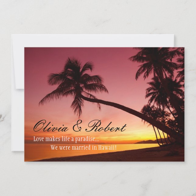 Tropical Beach Sunset Palm Trees Wedding Reception Invitation (Front)