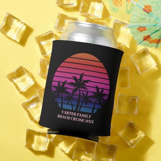 Tropical Beach Sunset Party Custom Black Pink Can Cooler (In Situ Summer)