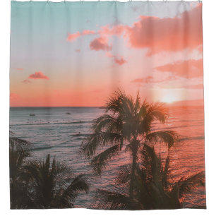 Tropical Beach Sunset Photo Seaside Palm Trees Shower Curtain
