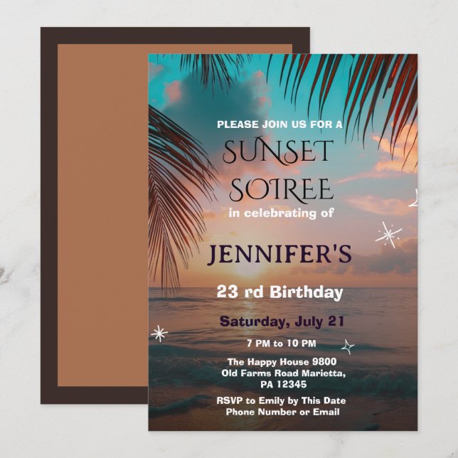 | Tropical Beach Sunset  Soiree Birthday Invitation (Front/Back)