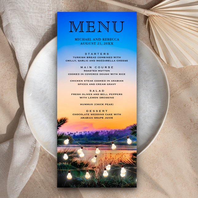 Tropical Beach Sunset String Lights Wedding Menu (Creator Uploaded)