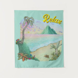 Tropical beach sunset tapestry