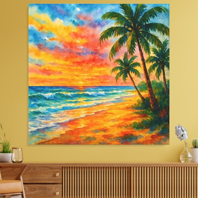 Tropical Beach Sunset Watercolor Canvas Print (Insitu(LivingRoom))