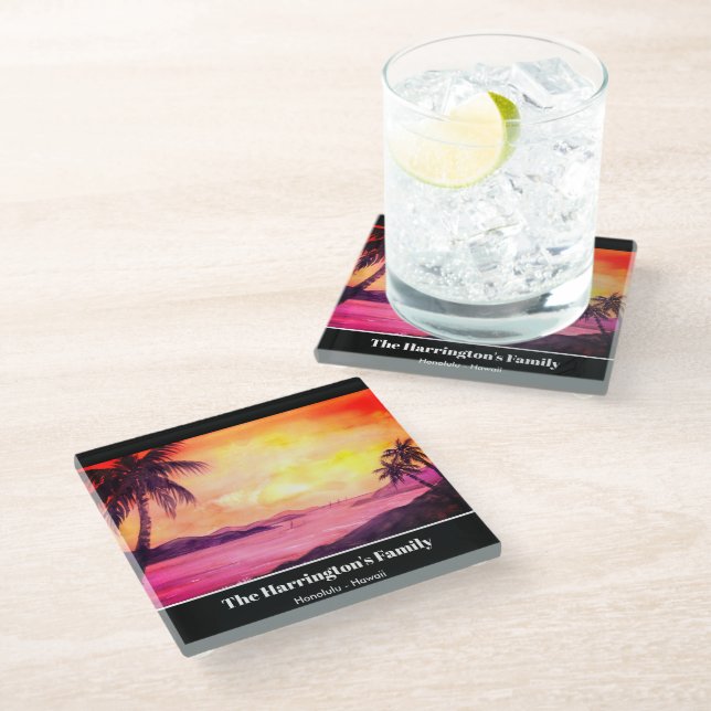 Tropical Beach Sunset Watercolor Farida Greenfield Glass Coaster (Angled)