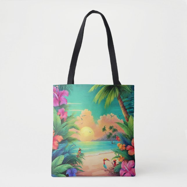 Tropical Beach Sunset with Hibiscus Flowers  Tote Bag (Front)