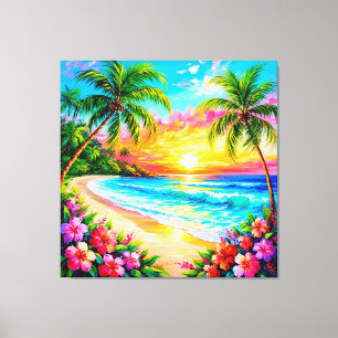 Tropical Beach Sunset with Palm Trees Canvas Print
