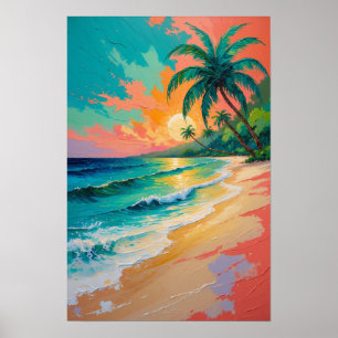 Tropical Beach Sunset with Palm Trees Ocean Art Poster
