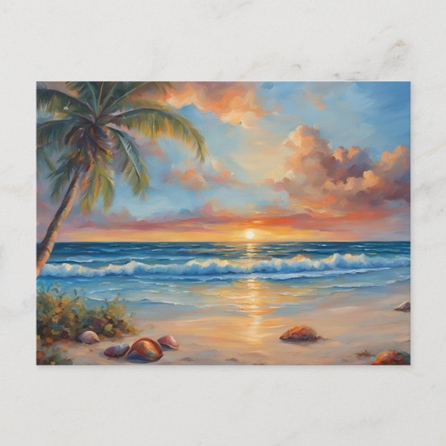 Tropical Beach Sunset with Palm Trees  Postcard (Front)
