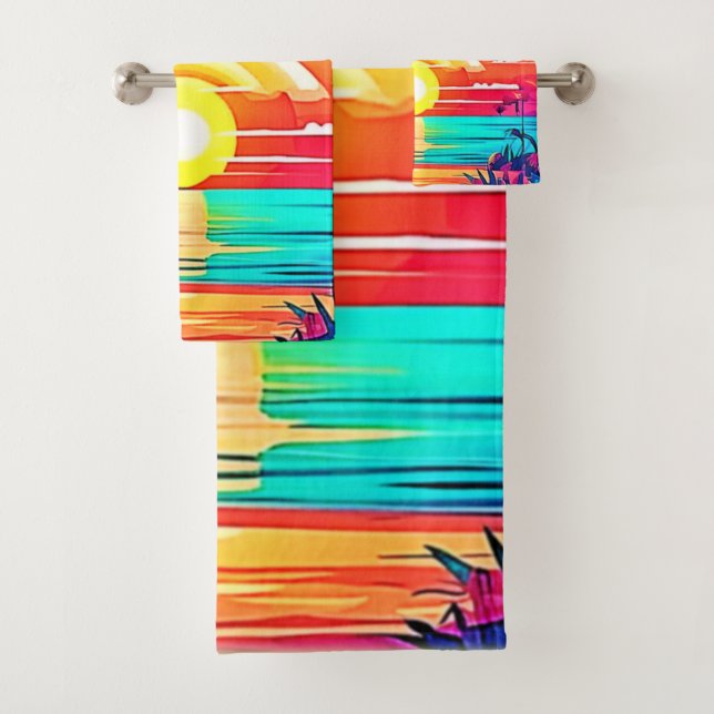 Tropical Beach Sunset with Rainbow Bath Towel Set (Insitu)