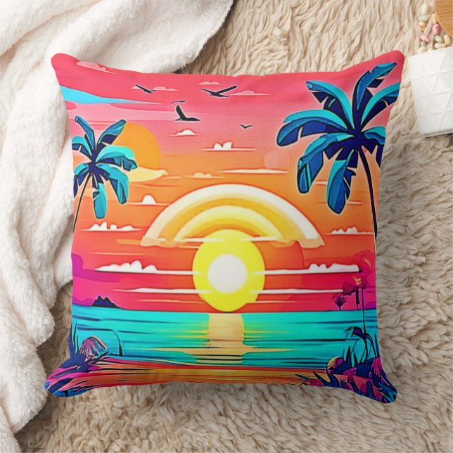 Tropical Beach Sunset with Rainbow Cushion (Blanket)