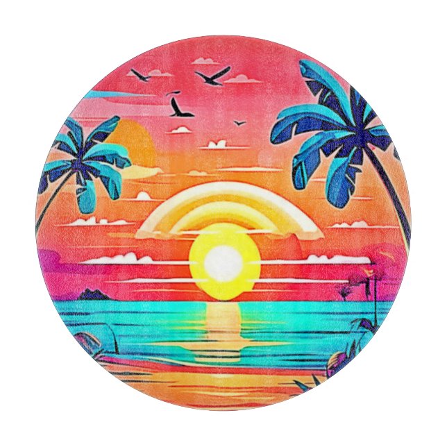Tropical Beach Sunset with Rainbow Cutting Board (Front)