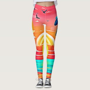 Tropical Beach Sunset with Rainbow Leggings