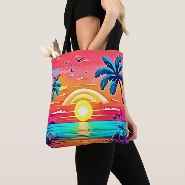 Tropical Beach Sunset with Rainbow Tote Bag (Close Up)