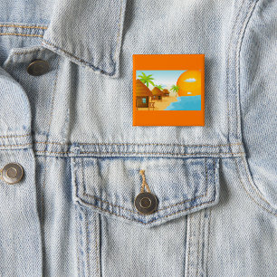 Tropical Beach Sunset with Thatched Huts 15 Cm Square Badge