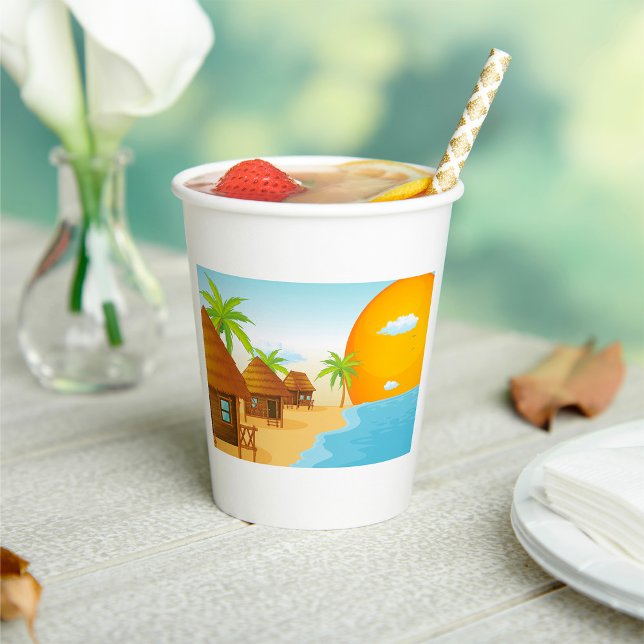 Tropical Beach Sunset with Thatched Huts  Paper Cups (Creator Uploaded)