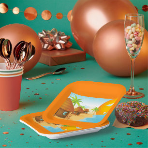 Tropical Beach Sunset with Thatched Huts Paper Plate