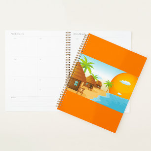 Tropical Beach Sunset with Thatched Huts Planner