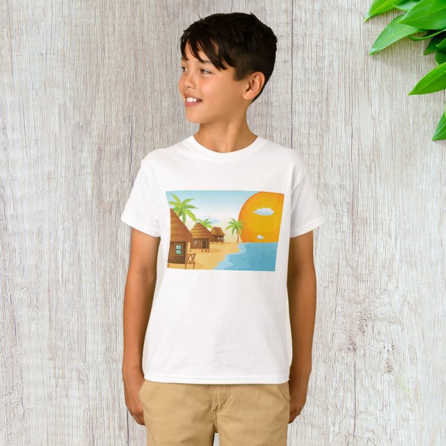 Tropical Beach Sunset with Thatched Huts  T-Shirt (Creator Uploaded)