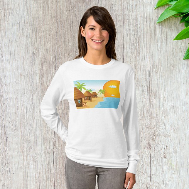 Tropical Beach Sunset with Thatched Huts  T-Shirt (Creator Uploaded)