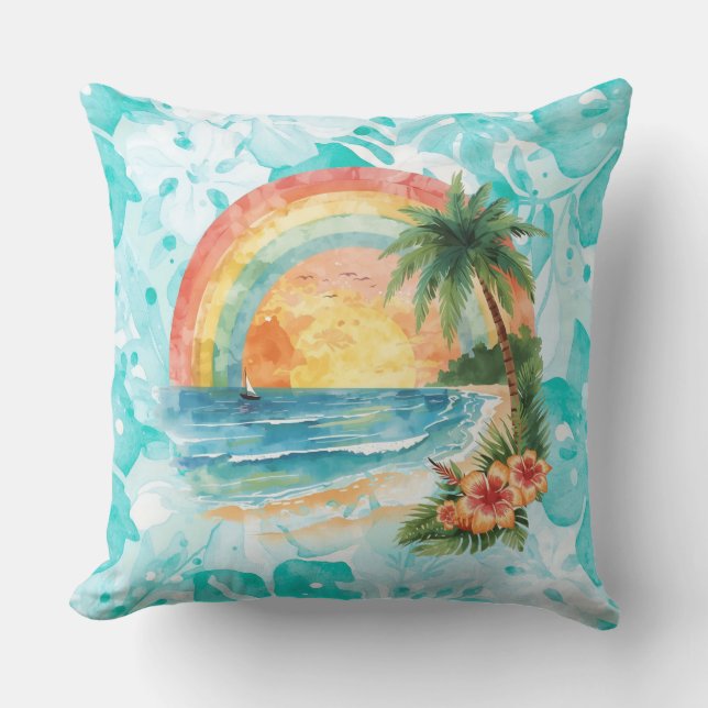 Tropical Beach Sunset with turquoise Background Cushion (Front)