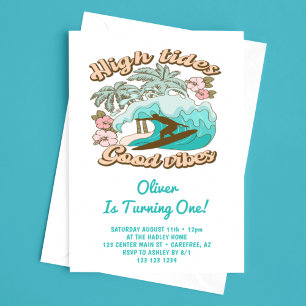 Tropical Beach Surfboard Boy's 1st Birthday Invitation