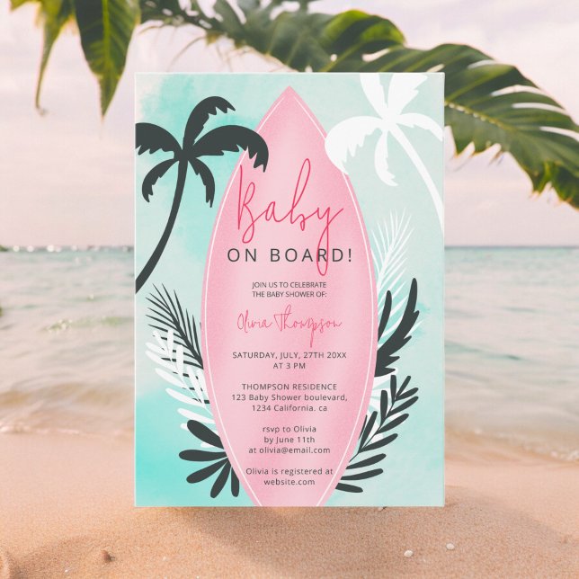 Tropical beach surfboard palm tree Baby Shower Invitation (Tropical beach surfboard palm tree Baby Shower Invitation)