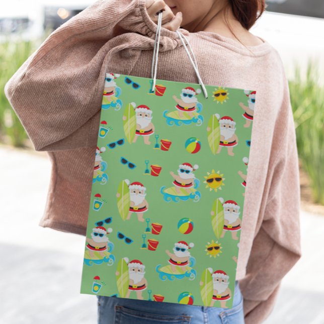 Tropical Beach Surfing Santa Cute Christmas  Medium Gift Bag (Creator Uploaded)