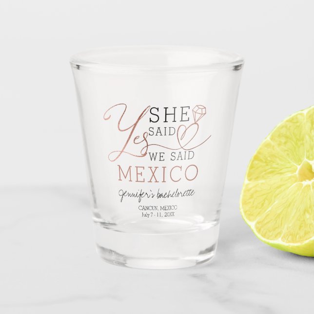 Tropical Beach Theme Rose Script Bachelorette Shot Glass (Front)