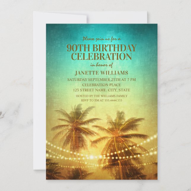 Tropical Beach Themed 90th Birthday Party Hawaiian Invitation (Front)