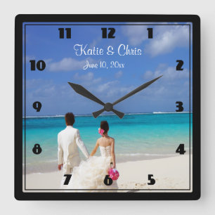 Tropical Beach Themed Wedding Couple Square Wall Clock