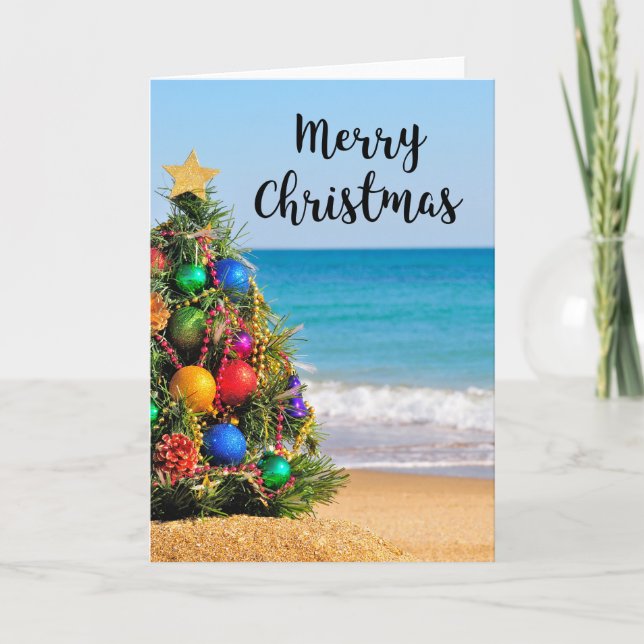 Tropical Beach Tree Merry Christmas Greeting Card (Front)