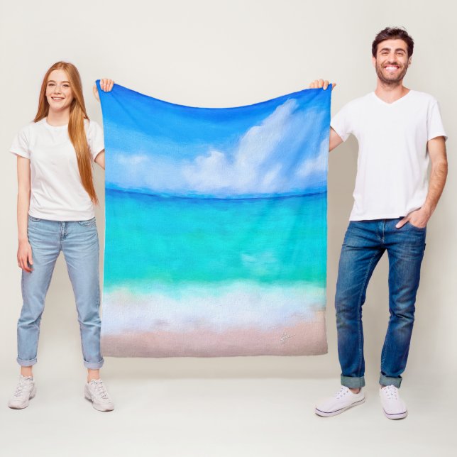Tropical Beach Turquoise Blue White Watercolor Fleece Blanket (In Situ)
