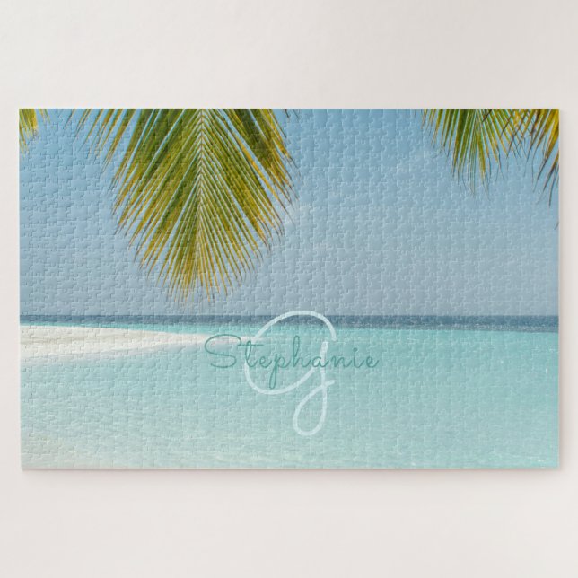 Tropical Beach Turquoise Monogram Palm Tree Jigsaw Puzzle (Horizontal)